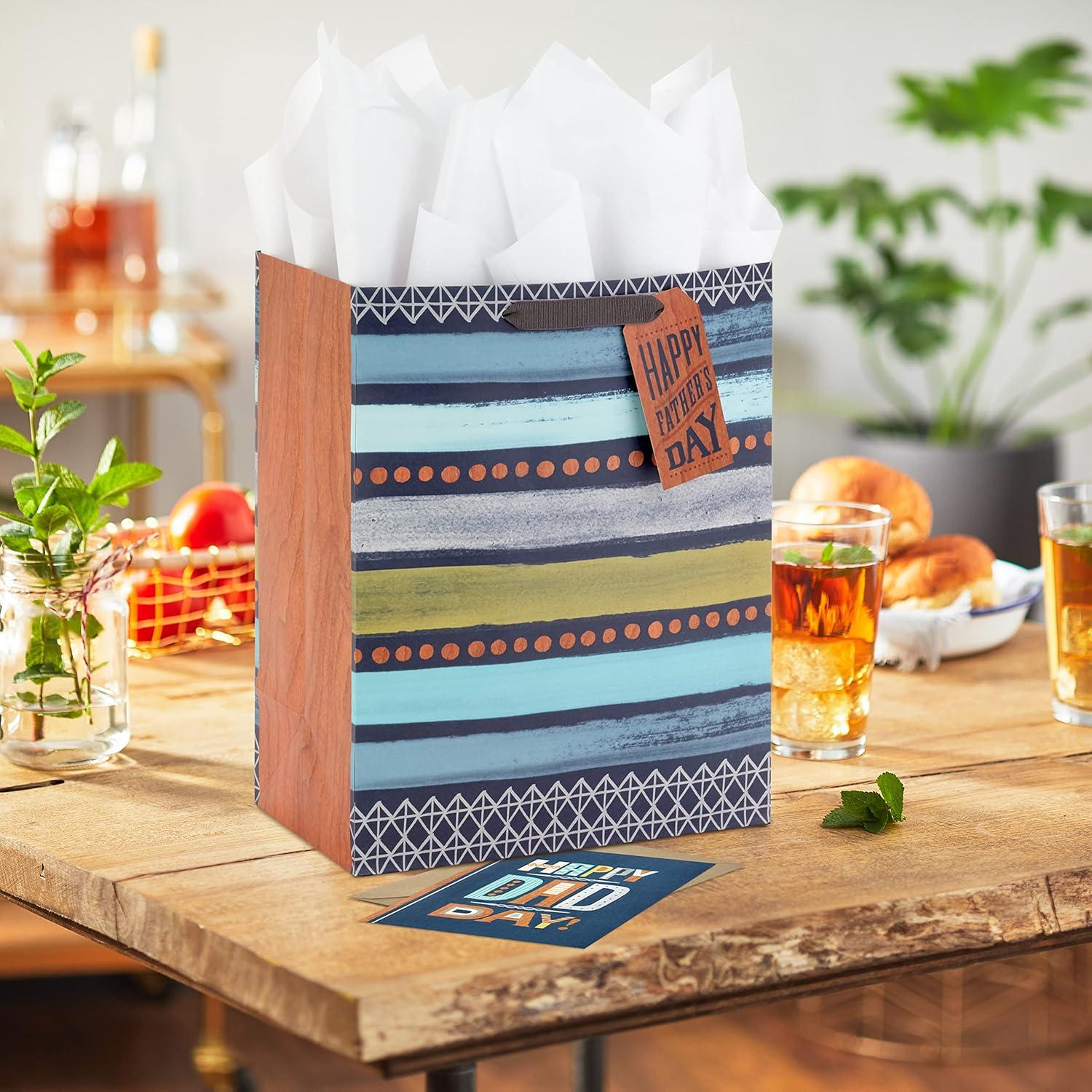 imageHallmark 13quot Large Gift Bag with Card and Tissue Paper Rustic Grey and Blue Stripes for Dad Grandpa Uncle StepdadRustic Grey and Blue Stripes