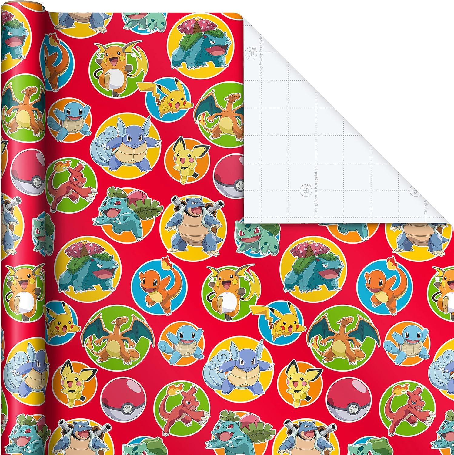 imageHallmark Pokmon Wrapping Paper Rolls  Pikachu Charmander Bulbasaur Gift Wrap Paper Set of 3 Rolls 60 sq ft ttl for Birthday Kids Parties Gamers Christmas PresentsWrapping Paper
