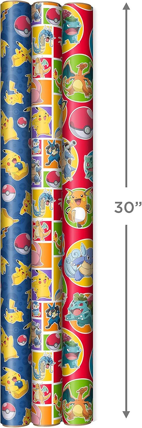 imageHallmark Pokmon Wrapping Paper Rolls  Pikachu Charmander Bulbasaur Gift Wrap Paper Set of 3 Rolls 60 sq ft ttl for Birthday Kids Parties Gamers Christmas PresentsWrapping Paper