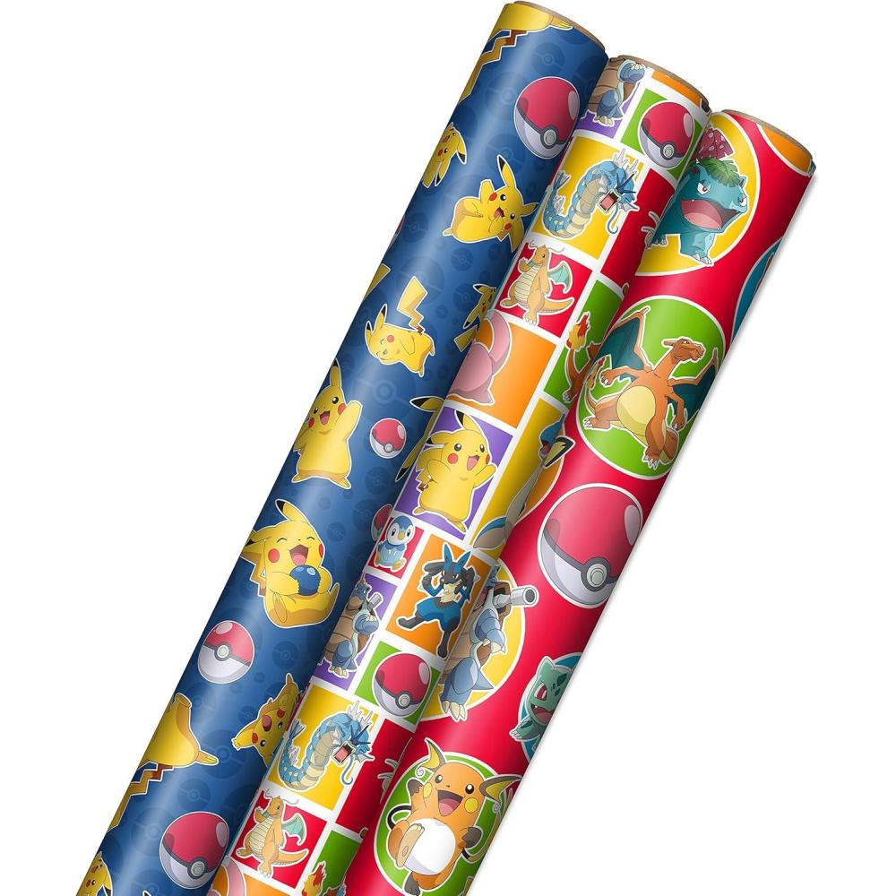 imageHallmark Pokmon Wrapping Paper Rolls  Pikachu Charmander Bulbasaur Gift Wrap Paper Set of 3 Rolls 60 sq ft ttl for Birthday Kids Parties Gamers Christmas PresentsWrapping Paper