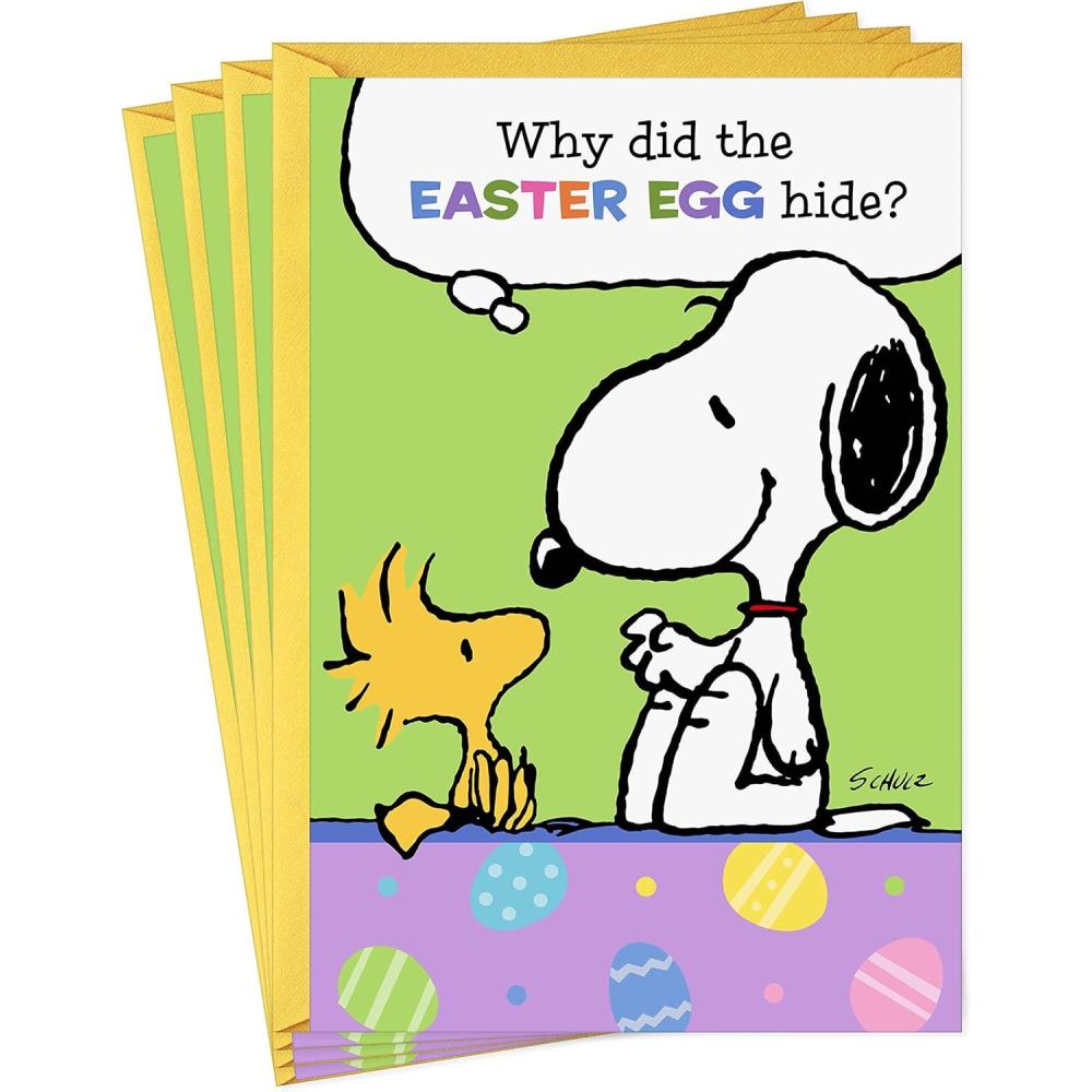 imageHallmark Peanuts Pack of Easter Cards Snoopy Easter Egg Joke 4 Cards with EnvelopesEaster  Snoopy Egg Joke