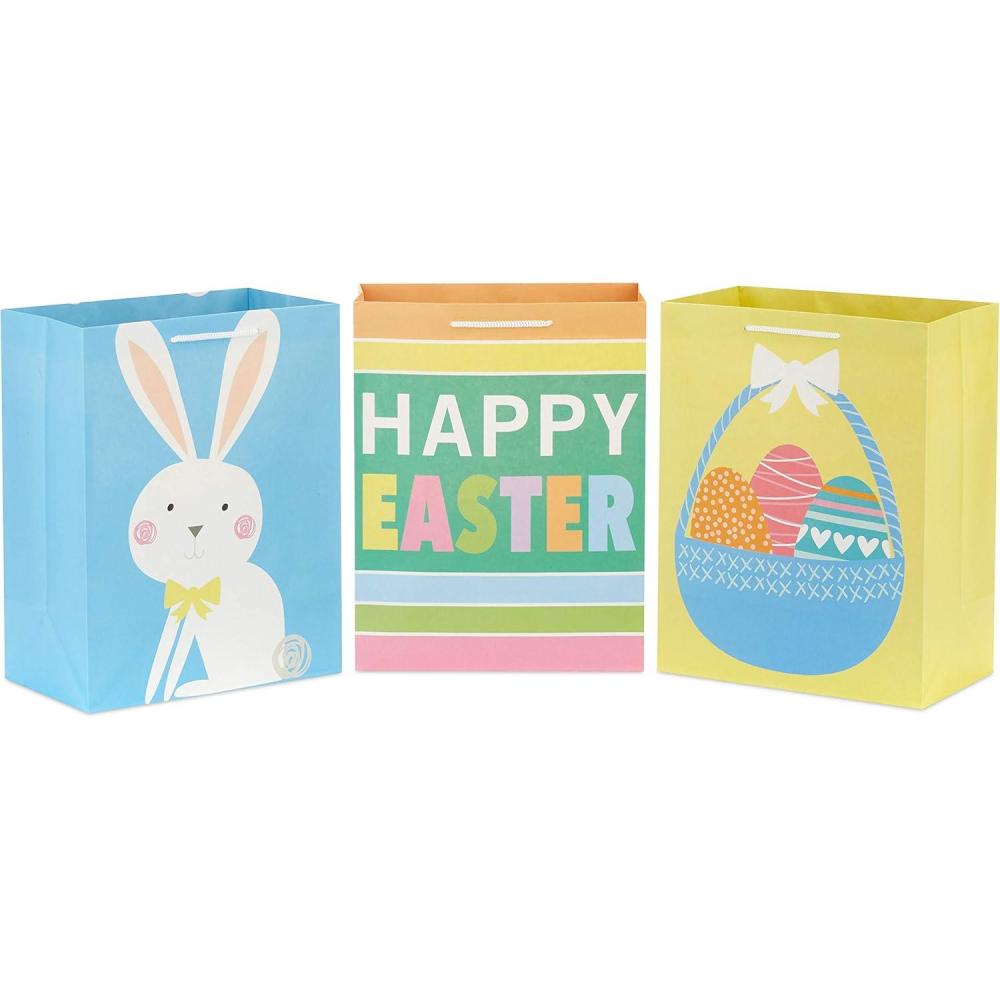 imageHallmark 11quot Large Easter Gift Bags 3Pack Easter Basket Bunny quotHappy Easterquot Stripes in Yellow Blue Green1 Count Pack of 3