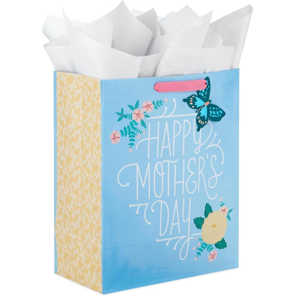 imageHallmark 13quot Large Mothers Day Gift Bag with Tissue Paper Pastel Floral Stripe with Gold Accents for Mom Grandma Nana New MothersLight Blue
