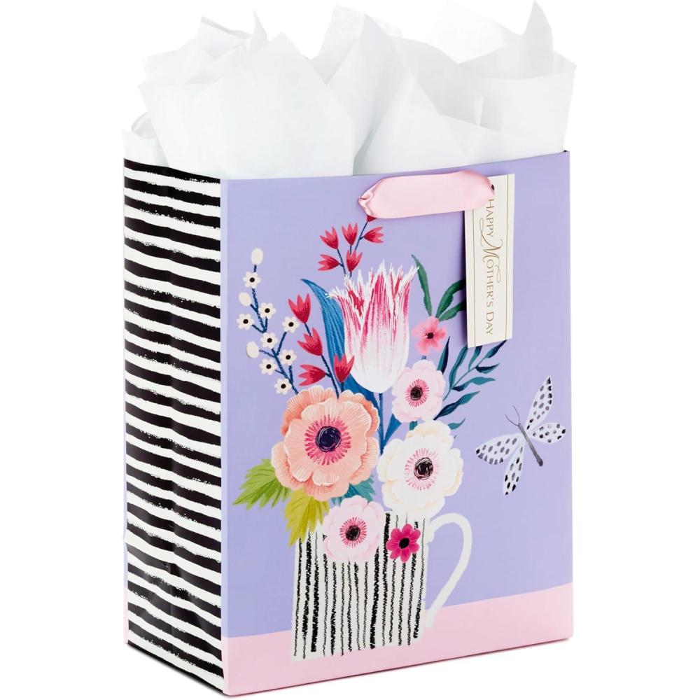imageHallmark 13quot Large Mothers Day Gift Bag with Tissue Paper Pastel Floral Stripe with Gold Accents for Mom Grandma Nana New MothersPurple Black