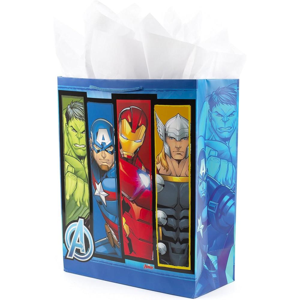 imageHallmark 15quot Extra Large Avengers Gift Bag with Tissue Paper Thor Captain America Hulk Iron Man for Christmas Halloween Birthdays Fathers Day or Any OccasionAvengers Gift Bag 1count