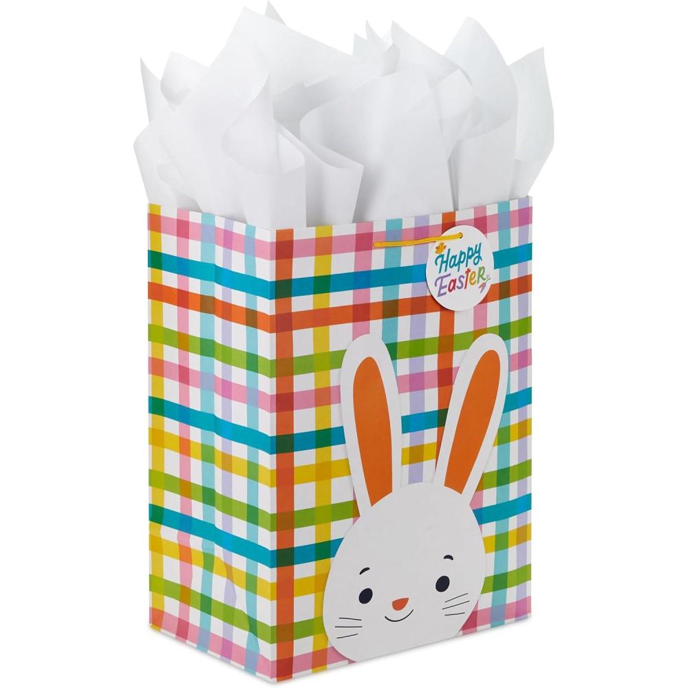 imageHallmark 17quot Extra Large Easter Gift Bag with Tissue Paper Bunny Face Rainbow Plaid for Kids Presents Easter Baskets
