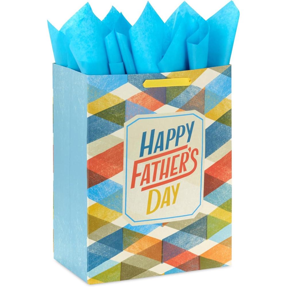 imageHallmark 17quot Extra Large Fathers Day Gift Bag with Tissue Paper Orange Yellow Blue Plaid for Dads Grandpas UnclesPlaid