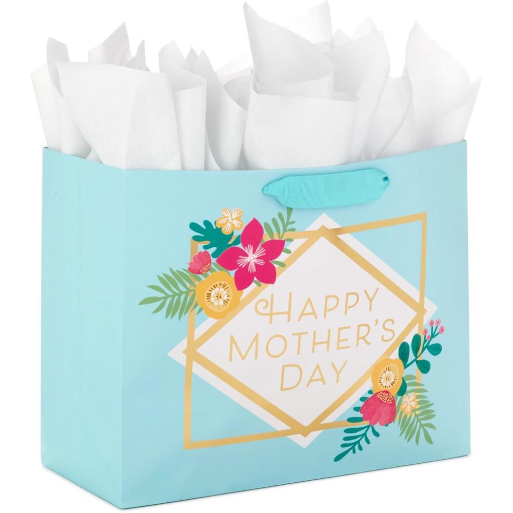 imageHallmark 17quot Extra Large Mothers Day Gift Bag with Tissue Paper Red Roses Green Foliage Bright Blue for Mom Grandma Nana New MotherLight Blue Floral with Gold Foil