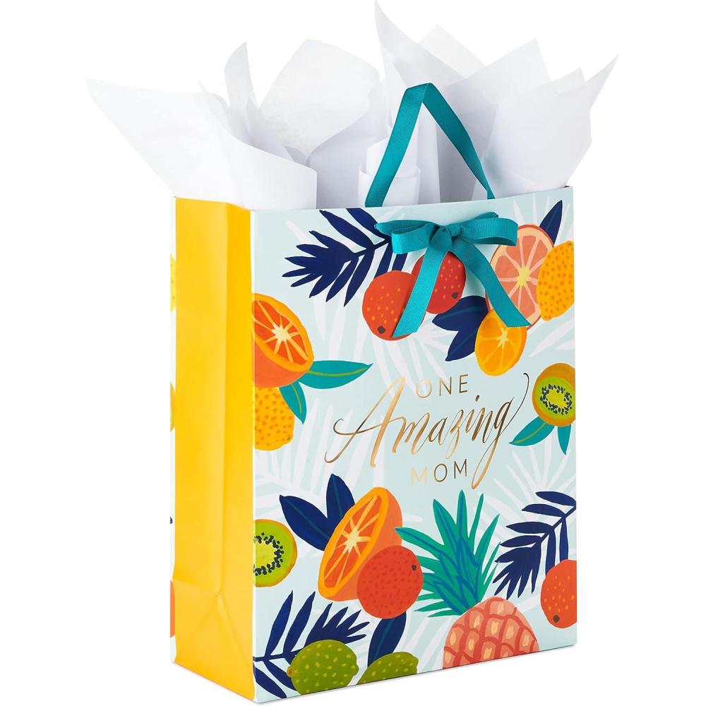 imageHallmark 17quot Extra Large Mothers Day Gift Bag with Tissue Paper Red Roses Green Foliage Bright Blue for Mom Grandma Nana New MotherTropical Fruit