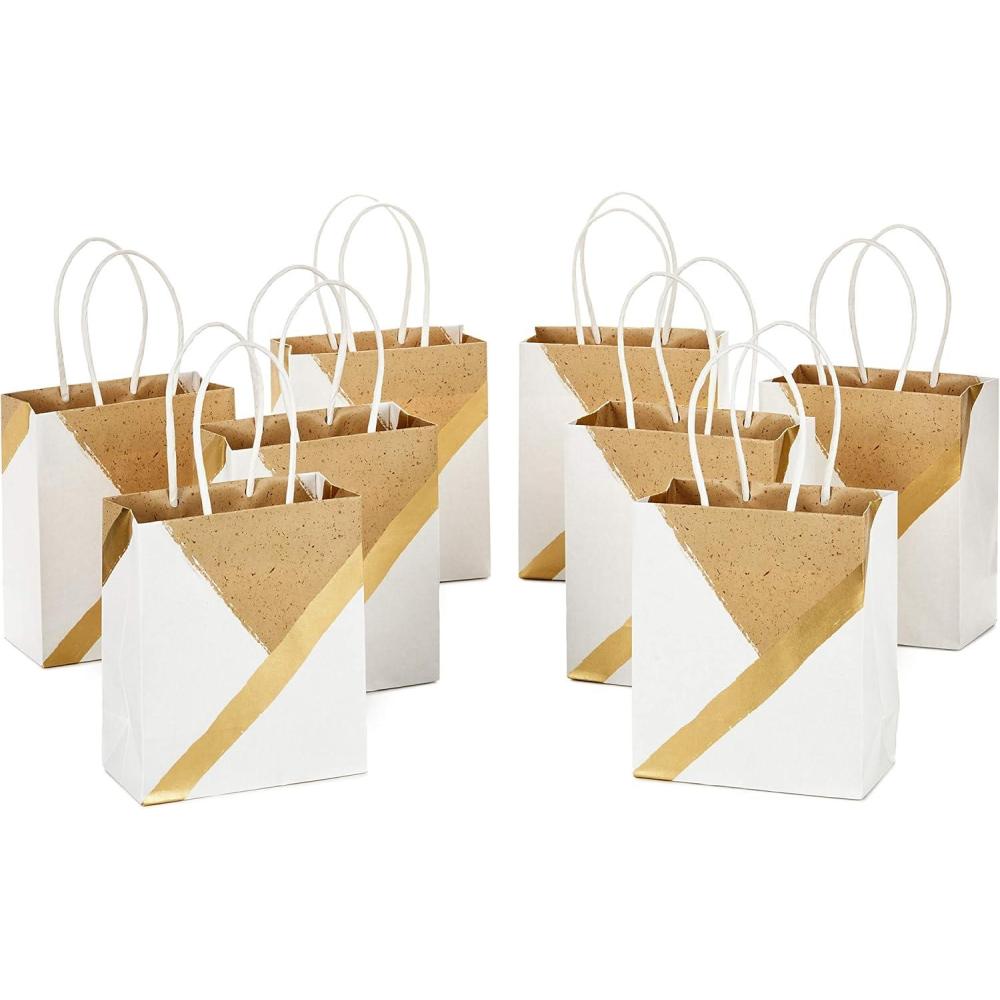 imageHallmark 6quot Small Paper Gift Bags 8Pack White and Kraft for Birthdays Christmas Weddings Graduations Baby Showers Bridal Showers Care Packages and MoreWhite  Gold