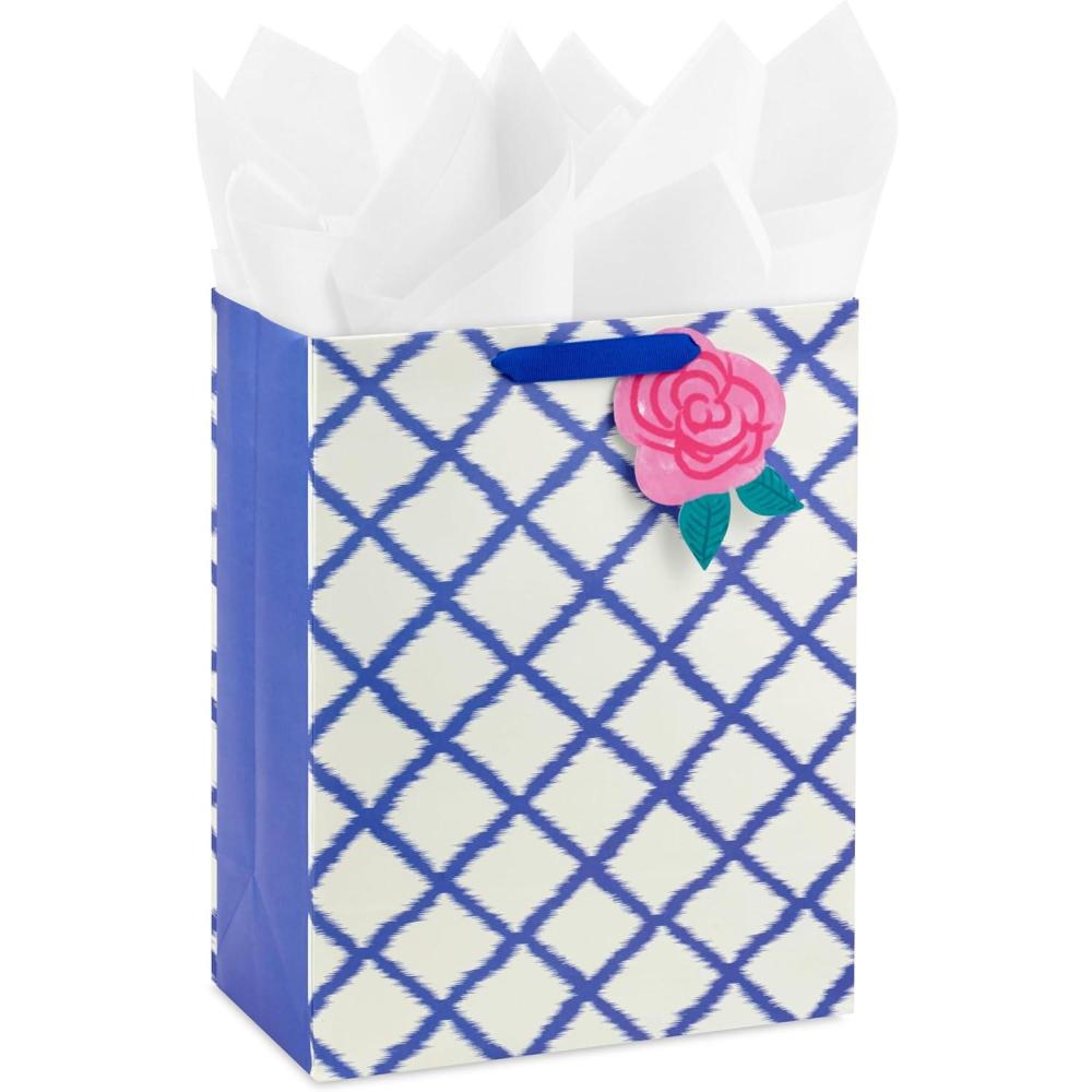 imageHallmark 9quot Medium Gift Bag with Tissue Paper Bright Flowers for Easter Birthdays Bridal Showers Weddings Baby Showers Mothers DayPink Flower on Blue Plaid