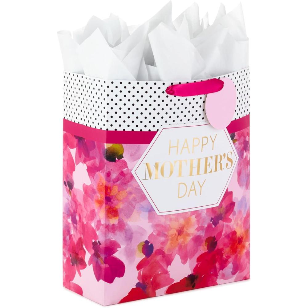 imageHallmark 9quot Medium Mothers Day Gift Bag with Tissue Paper Pink and Gold Polka DotsFloral with Dots
