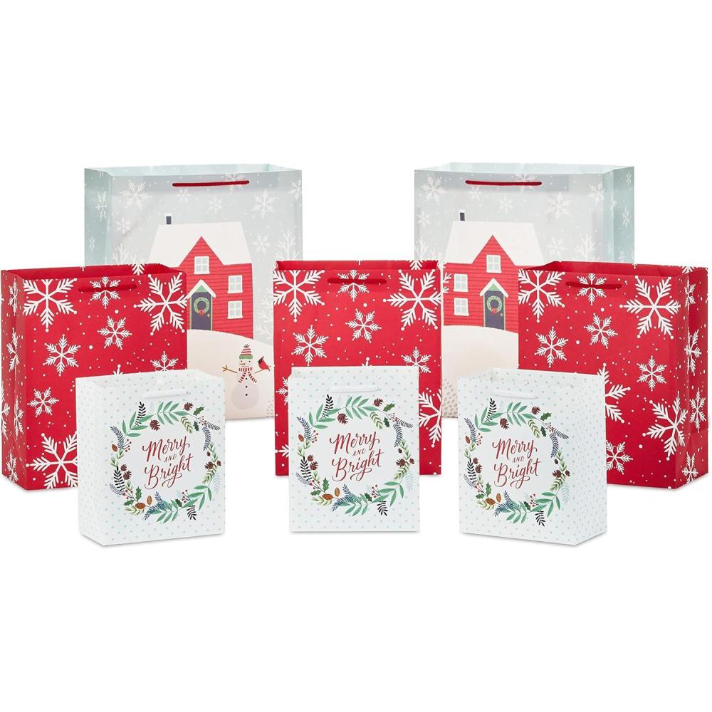imageHallmark 9quot Medium Paper Gift Bags Pack of 8  White ampamp Kraft for Easter Birthdays Mothers Day Weddings Graduations Baby Showers Bridal Showers Care Packages and MoreRed  White and Gray  Farmhouse  Snowflakes