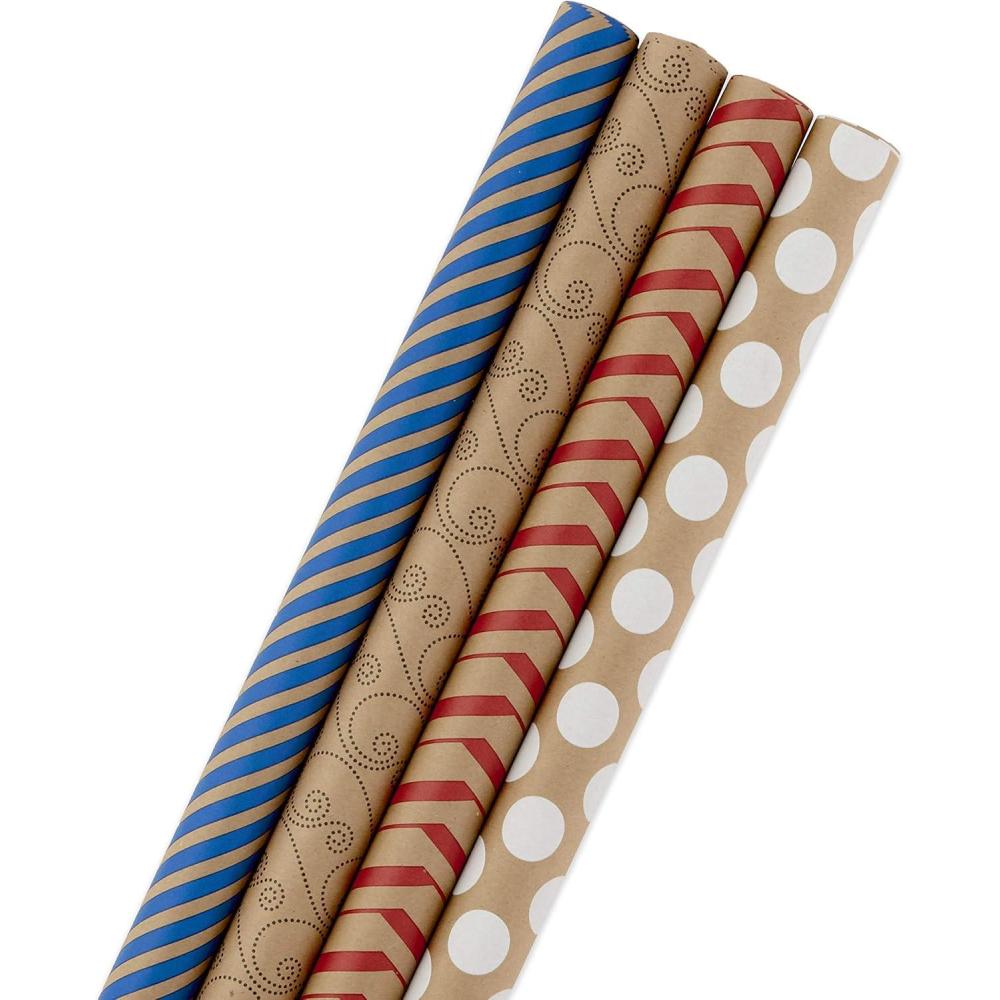 imageHallmark All Occasion Reversible Wrapping Paper  Gold ampamp Kraft Stripes Triangles Chevron Polka DotsKraft  Blue  Red  White