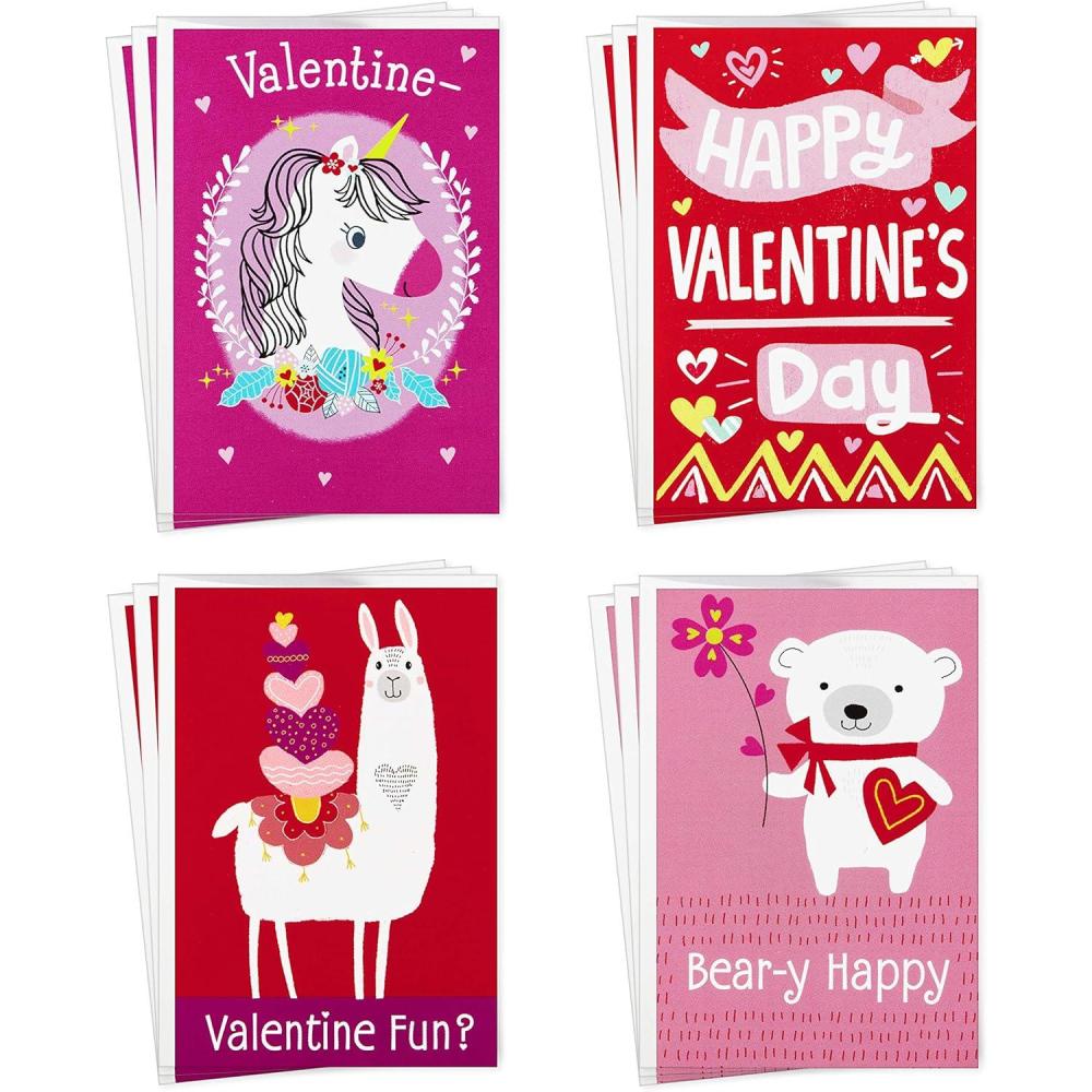 imageHallmark Assorted Valentines Day Cards for Kids 12 Cards with Envelopes Unicorns Bears LlamasAnimals  4 designs  3 Cards each with Envelopes