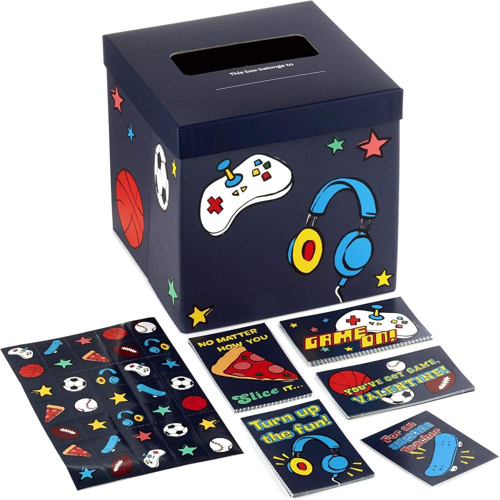 imageHallmark Boys Valentines Day Cards and Mailbox for Kids School Classroom Exchange Games and Sports 1 Box 32 Valentine Cards 35 Stickers 1 Teacher CardGames  Sports