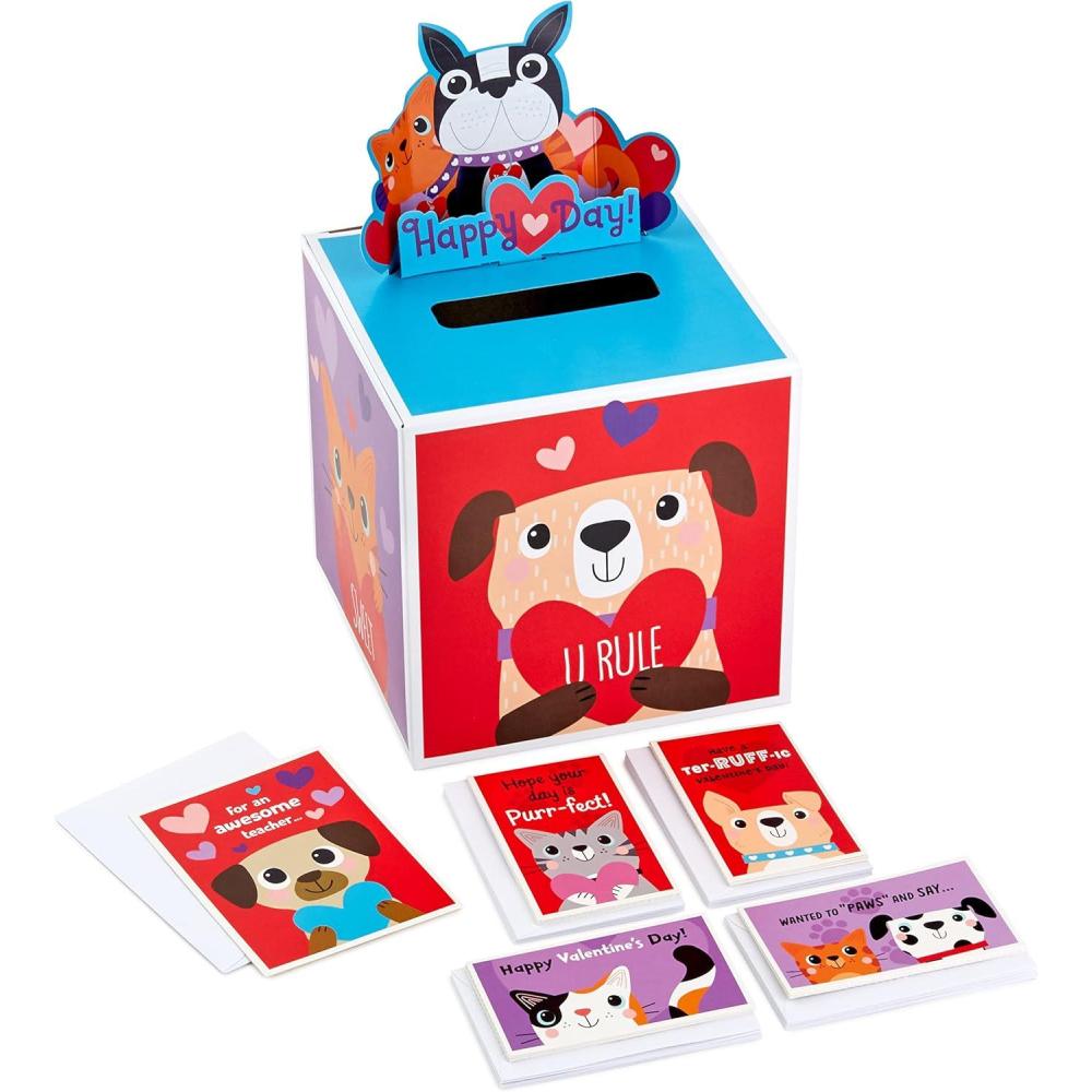 imageHallmark Boys Valentines Day Cards and Mailbox for Kids School Classroom Exchange Games and Sports 1 Box 32 Valentine Cards 35 Stickers 1 Teacher CardCats and Dogs  Pop Up Box