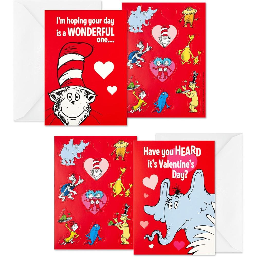 imageHallmark Dr Seuss Valentines Day Cards and Stickers for Kids School Cat in the Hat and Horton 24 Classroom Valentines with EnvelopesDr Seuss Valentines with Stickers