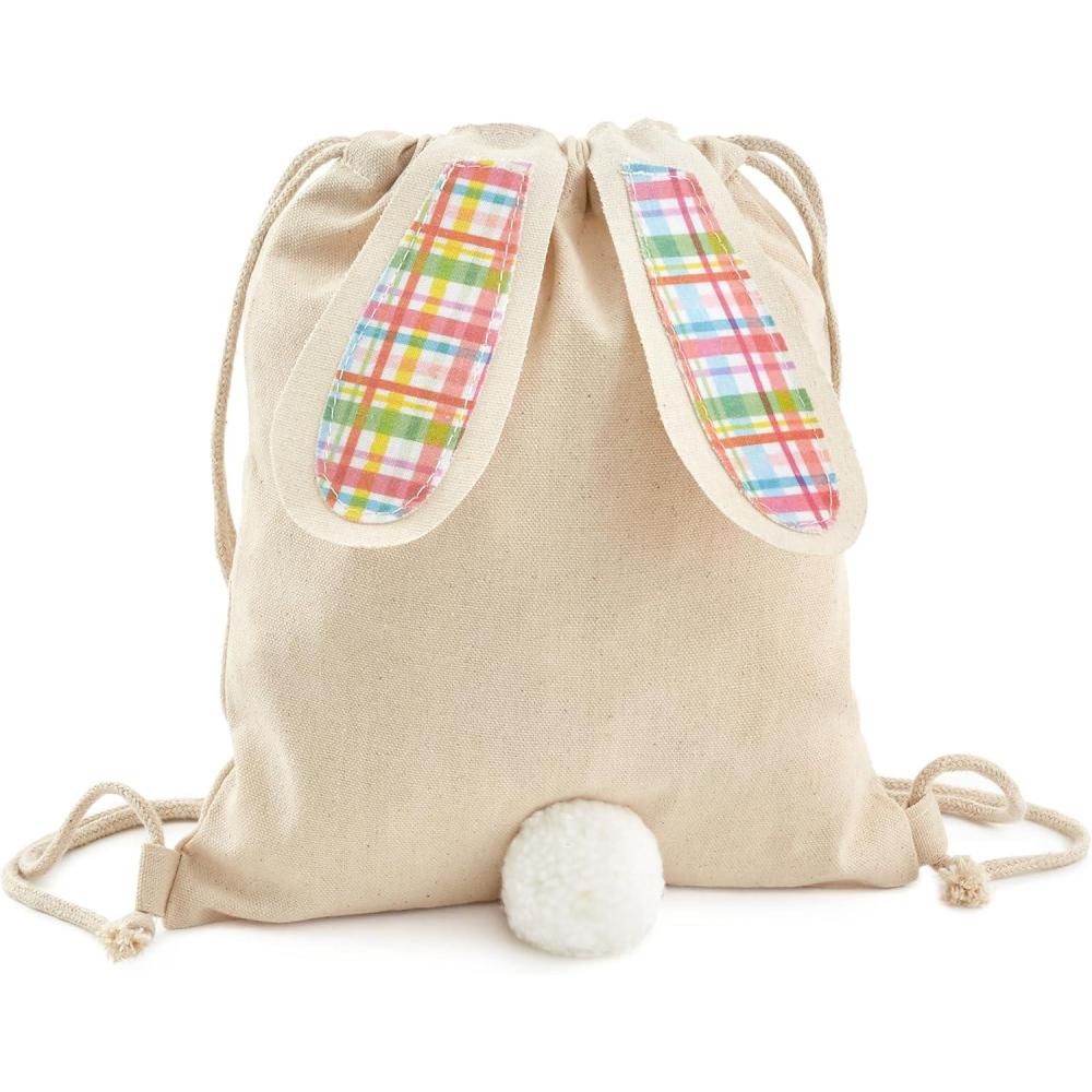 imageHallmark Easter Bunny Canvas Reusable Gift Bag with Drawstring Spring Plaid for Easter Egg Hunt