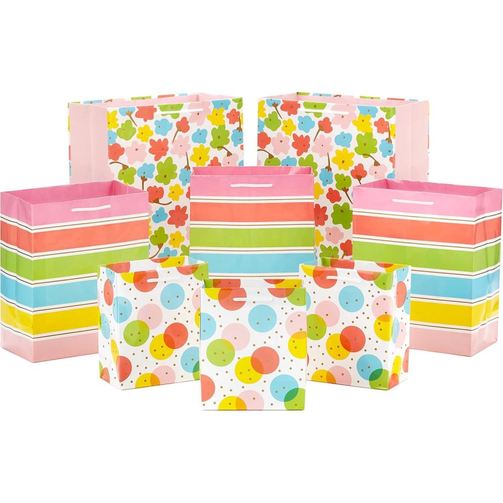 imageHallmark Easter Gift Bags in Assorted Sizes 8 Bags 3 Small 6quot 3 Medium 9quot 2 Large 13quot Polka Dots Rainbow Stripes Flowers for Spring Birthdays Baby Showers Gender Reveal PartiesEaster