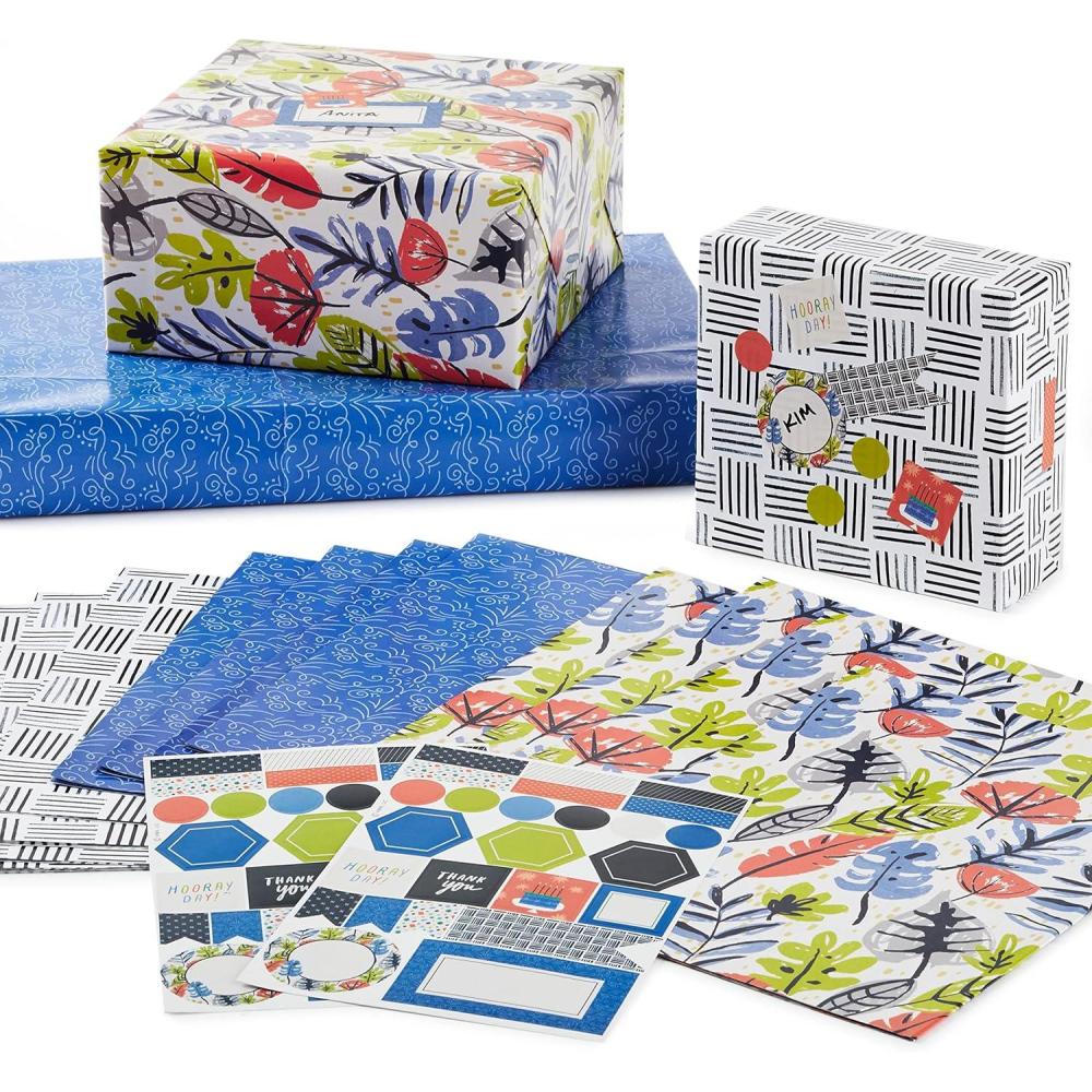 imageHallmark Flat Wrapping Paper Sheets with Cutlines on Reverse 12 Folded Sheets with Sticker Seals Red Blue Green Yellow Geometric Stripes Dots for Birthdays Fathers Day GraduationColorful Floral  Black and White  Blue