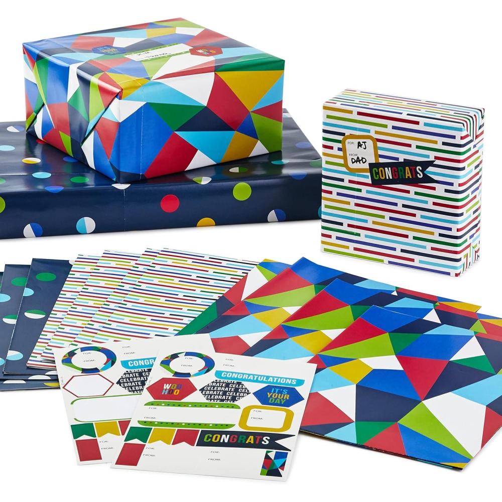imageHallmark Flat Wrapping Paper Sheets with Cutlines on Reverse 12 Folded Sheets with Sticker Seals Red Blue Green Yellow Geometric Stripes Dots for Birthdays Fathers Day GraduationColorful Geometric  Stripes  Dots