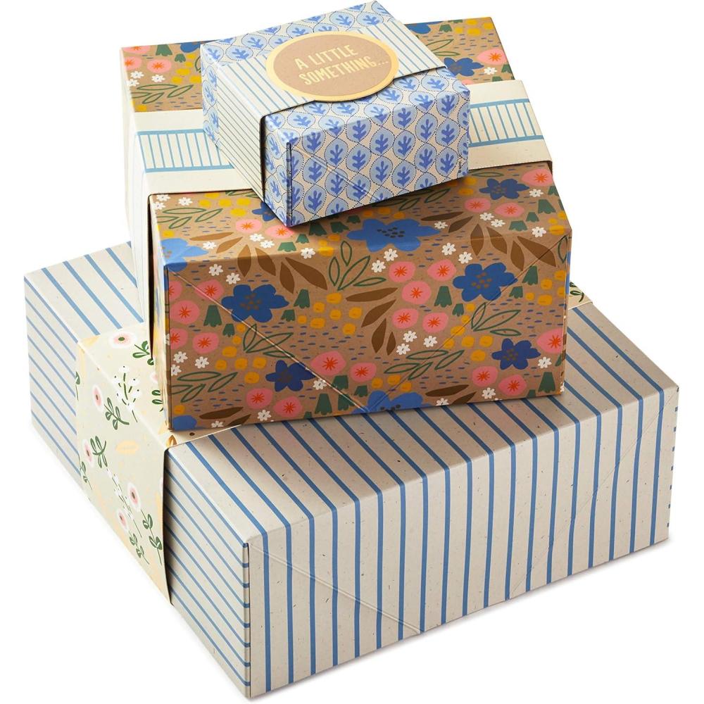 imageHallmark Gift Boxes 3Pack Assorted Sizes Flowers and Stripes for Birthdays Bridal Showers Mothers Day Best Friends Gifts for Her Wrapped Treats and CookiesBlue  yellow