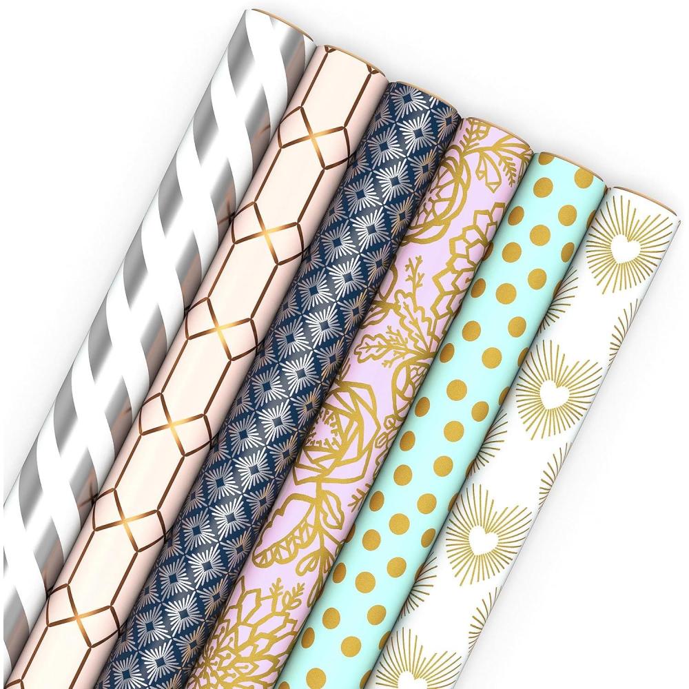 imageHallmark Metallic Wrapping Paper Bundle with Cutlines on Reverse 6 Rolls 210 Square Feet Total Navy Gold Silver and White for Birthdays Weddings Graduations Hanukkah ChristmasSilver  Pink  Navy  Mint  Gold