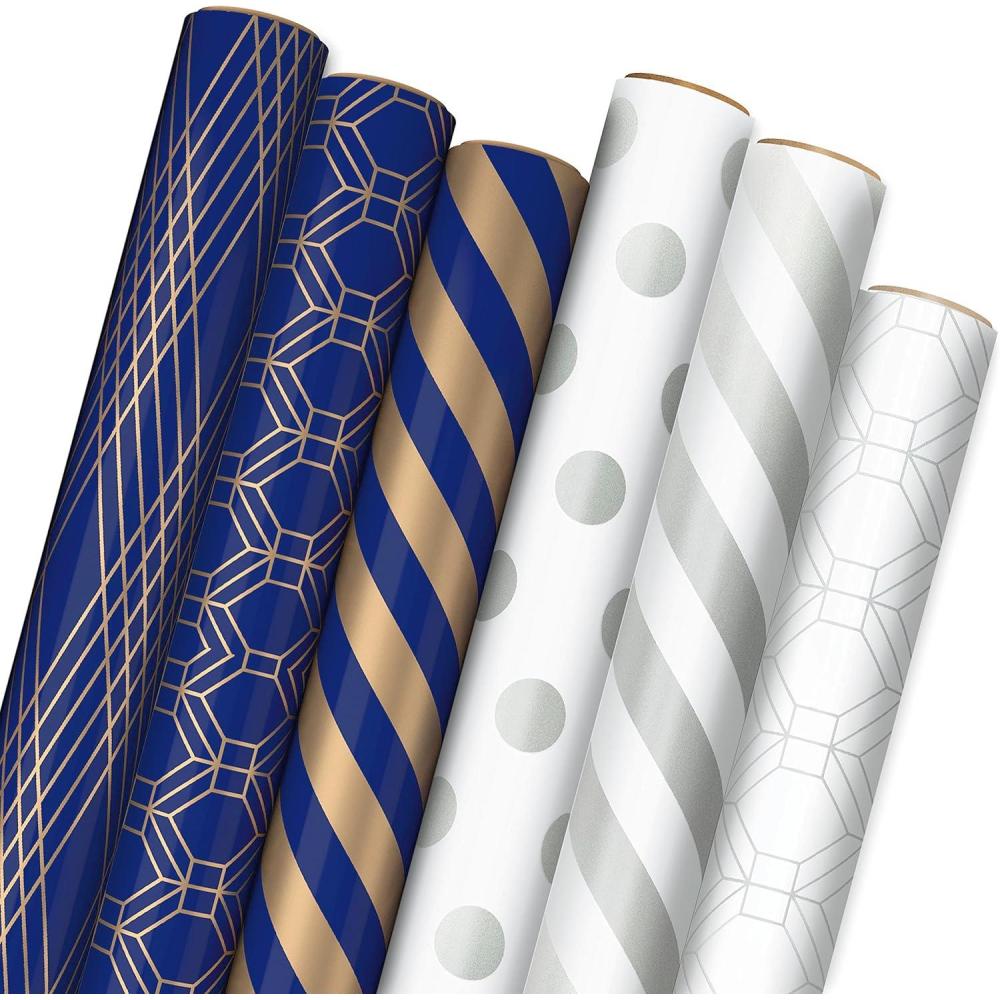 imageHallmark Metallic Wrapping Paper Bundle with Cutlines on Reverse 6 Rolls 210 Square Feet Total Navy Gold Silver and White for Birthdays Weddings Graduations Hanukkah ChristmasNavy  Gold  Silver  White