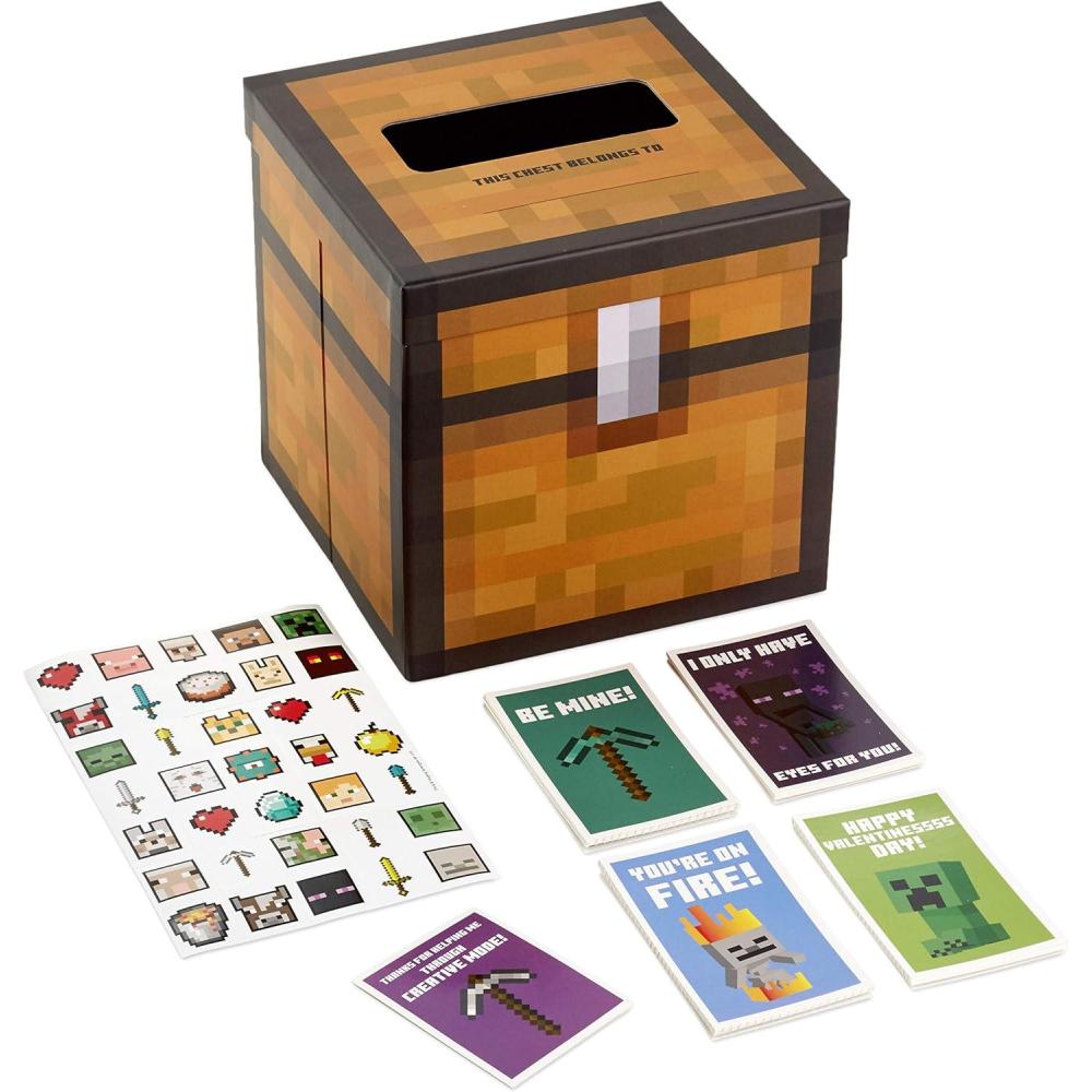 imageHallmark Minecraft Valentines Day Cards and Mailbox for Kids School Classroom Exchange 1 Box 32 Valentine Cards 35 Stickers 1 Teacher Card