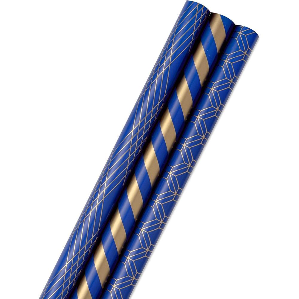 imageHallmark Navy Blue and Gold Wrapping Paper Rolls for Graduation Birthday Wedding Fathers Day All Occasion  Metallic Striped and Geometric Gift Wrap Paper Set of 3 Rolls 105 sq ft ttlMetallic Blue and Gold