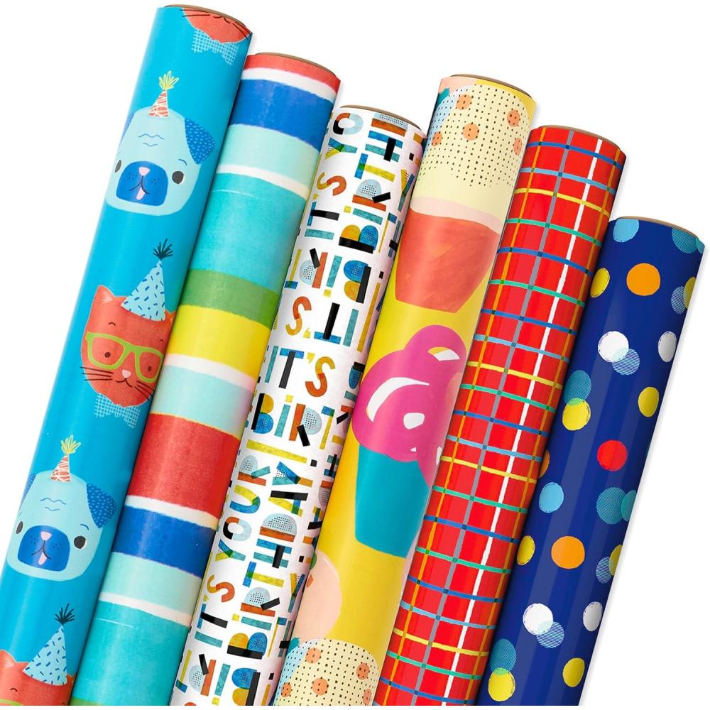 imageHallmark Navy Blue and Gold Wrapping Paper Rolls for Graduation Birthday Wedding Fathers Day All Occasion  Metallic Striped and Geometric Gift Wrap Paper Set of 3 Rolls 105 sq ft ttlCats and Dogs  Stripes  Cupcakes  Grid  Polka Dots