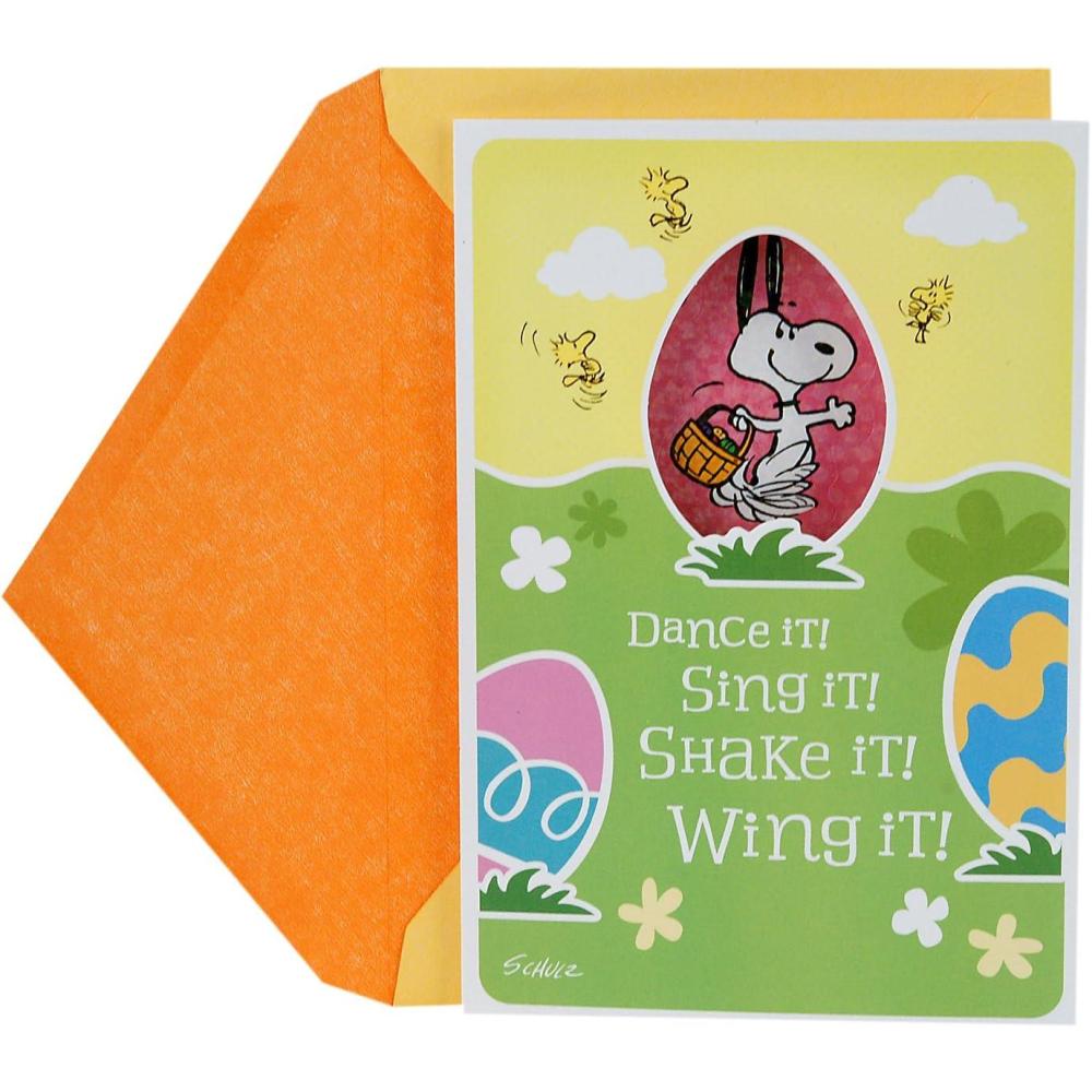 imageHallmark Pack of 4 Easter Cards for Kids Chick Knock Knock JokePeanuts  1 Card with Stickers and Envelope