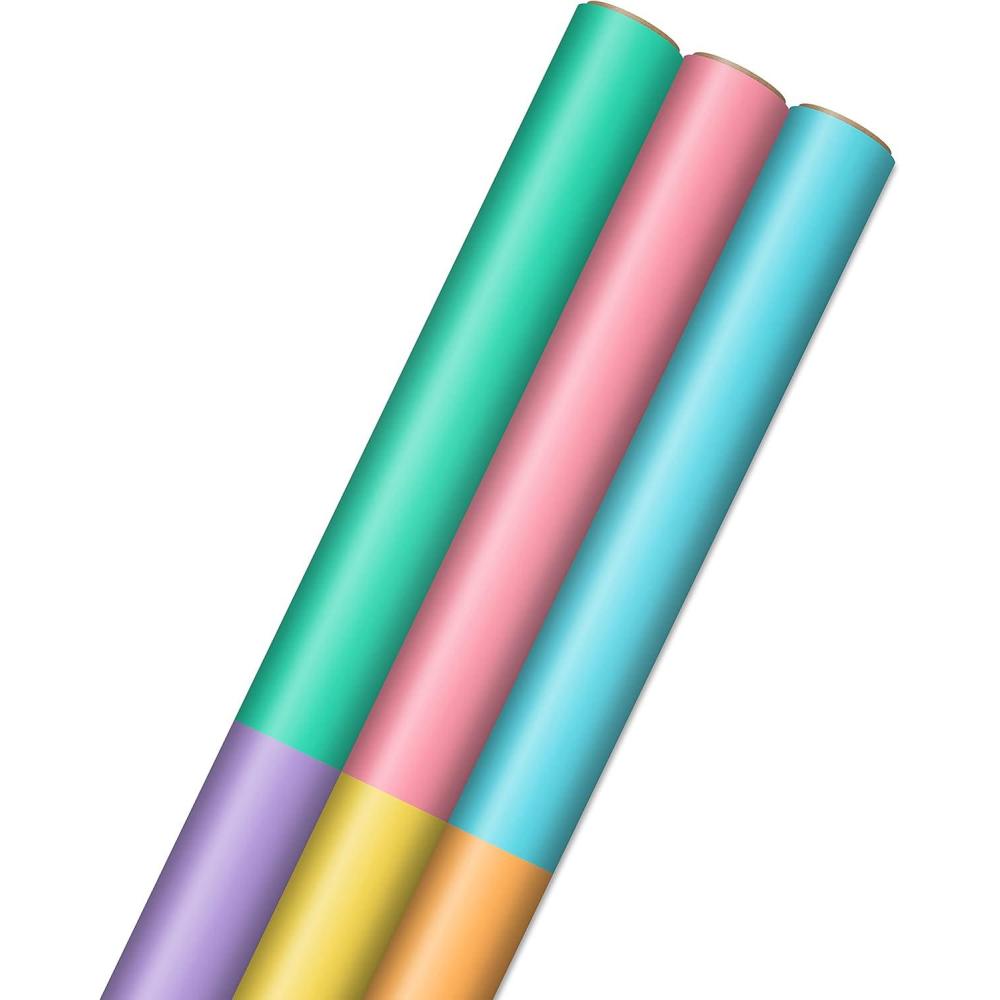 imageHallmark Pastel Wrapping Paper Rolls  Pink Purple Blue Green Yellow Orange Gift Wrap Paper Set of 3 Rolls 75 sq ft ttl for Birthday Baby Shower Easter Any OccasionPastel Colorblocks