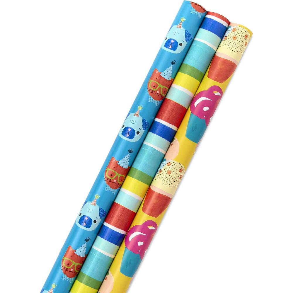 imageHallmark Rainbow Wrapping Paper Rolls for Graduation Birthday Wedding All Occasion  Colorful Striped Gift Wrap Paper Set of 3 Reversible Rolls 75 sq ft ttlCats and Dogs  Stripes  Cupcakes