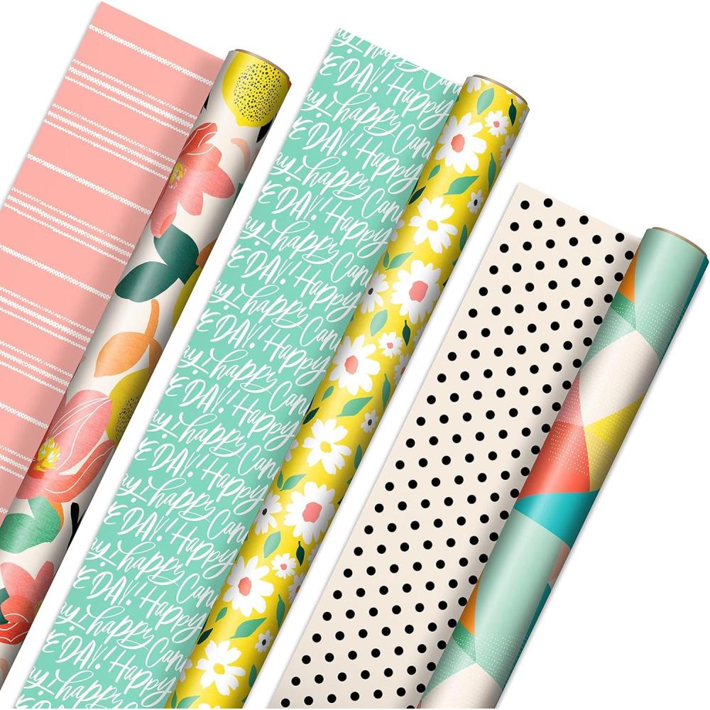 imageHallmark Reversible Spring Wrapping Paper 3 Rolls 75 Sq Ft Ttl Floral Lemons Bright Abstract for Easter Birthdays Mothers Day Bridal Showers Baby ShowersReversible Pink  Yellow  Mint