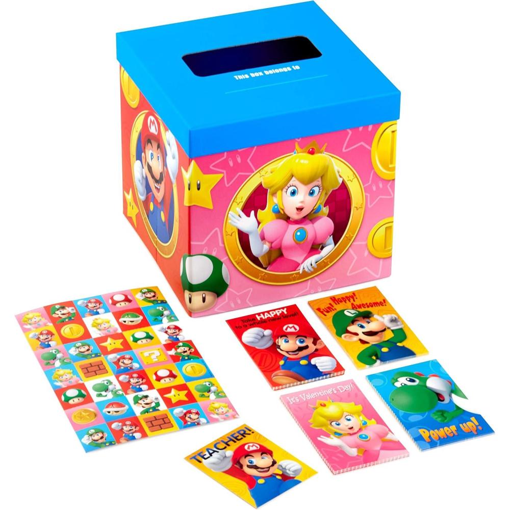 imageHallmark Super Mario Bros Valentines Day Cards and Mailbox for Kids School Classroom Exchange 1 Box 32 Valentine Cards 35 Stickers 1 Teacher CardSuper Mario