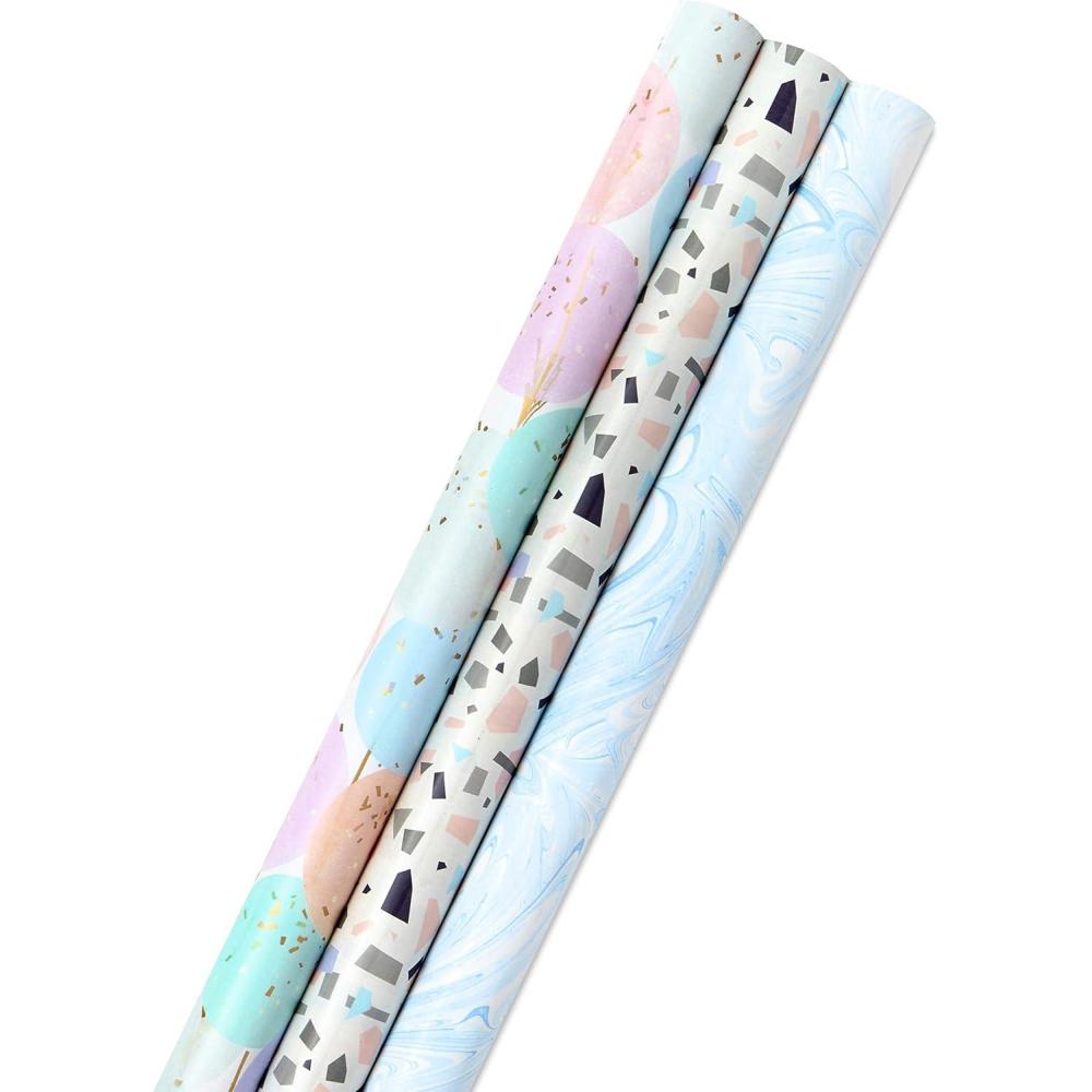 imageHallmark Wrapping Paper Bundle with Cut Lines on Reverse  Blush Pink Gray Blue Gold 3Pack 55 sq ft ttl High Gloss ampamp Metallic Prints for Mothers Day Weddings Baby Showers Bridal ShowersPastel Balloons  Confetti  Marble