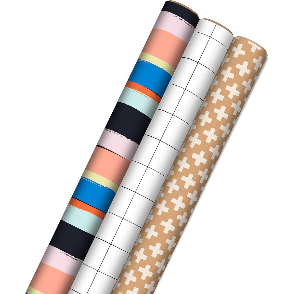 imageHallmark Wrapping Paper Bundle with Cut Lines on Reverse  Blush Pink Gray Blue Gold 3Pack 55 sq ft ttl High Gloss ampamp Metallic Prints for Mothers Day Weddings Baby Showers Bridal ShowersKraft Colorful Stripes  Grid  Plus