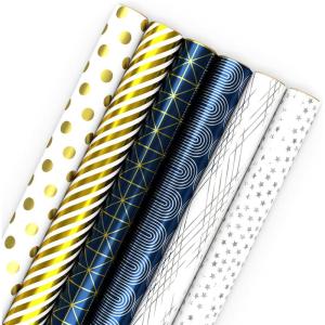 Hallmark Metallic Wrapping Paper Bundle with Cutlines on Reverse (6 Rolls: 210 Square Feet Total) Navy, Gold, Silver and White for Birthdays, Weddings, Graduations, Hanukkah, Christmas(Silver  Gold  Navy)