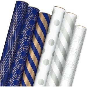 Hallmark Metallic Wrapping Paper Bundle with Cutlines on Reverse (6 Rolls: 210 Square Feet Total) Navy, Gold, Silver and White for Birthdays, Weddings, Graduations, Hanukkah, Christmas(Navy  Gold  Silver  White)