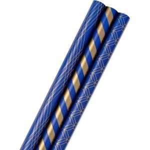 Hallmark Navy Blue and Gold Wrapping Paper Rolls for Graduation, Birthday, Wedding, Father’s Day, All Occasion – Metallic Striped and Geometric Gift Wrap Paper (Set of 3 Rolls: 105 sq. ft. ttl.)(Metallic Blue and Gold)