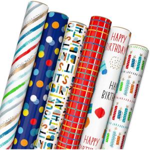 Hallmark Navy Blue and Gold Wrapping Paper Rolls for Graduation, Birthday, Wedding, Father’s Day, All Occasion – Metallic Striped and Geometric Gift Wrap Paper (Set of 3 Rolls: 105 sq. ft. ttl.)(Stripes  Polka Dots  Grid  Birthday Candles)