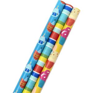 Hallmark Rainbow Wrapping Paper Rolls for Graduation, Birthday, Wedding, All Occasion – Colorful Striped Gift Wrap Paper (Set of 3 Reversible Rolls: 75 sq. ft. ttl.)(Cats and Dogs  Stripes  Cupcakes)