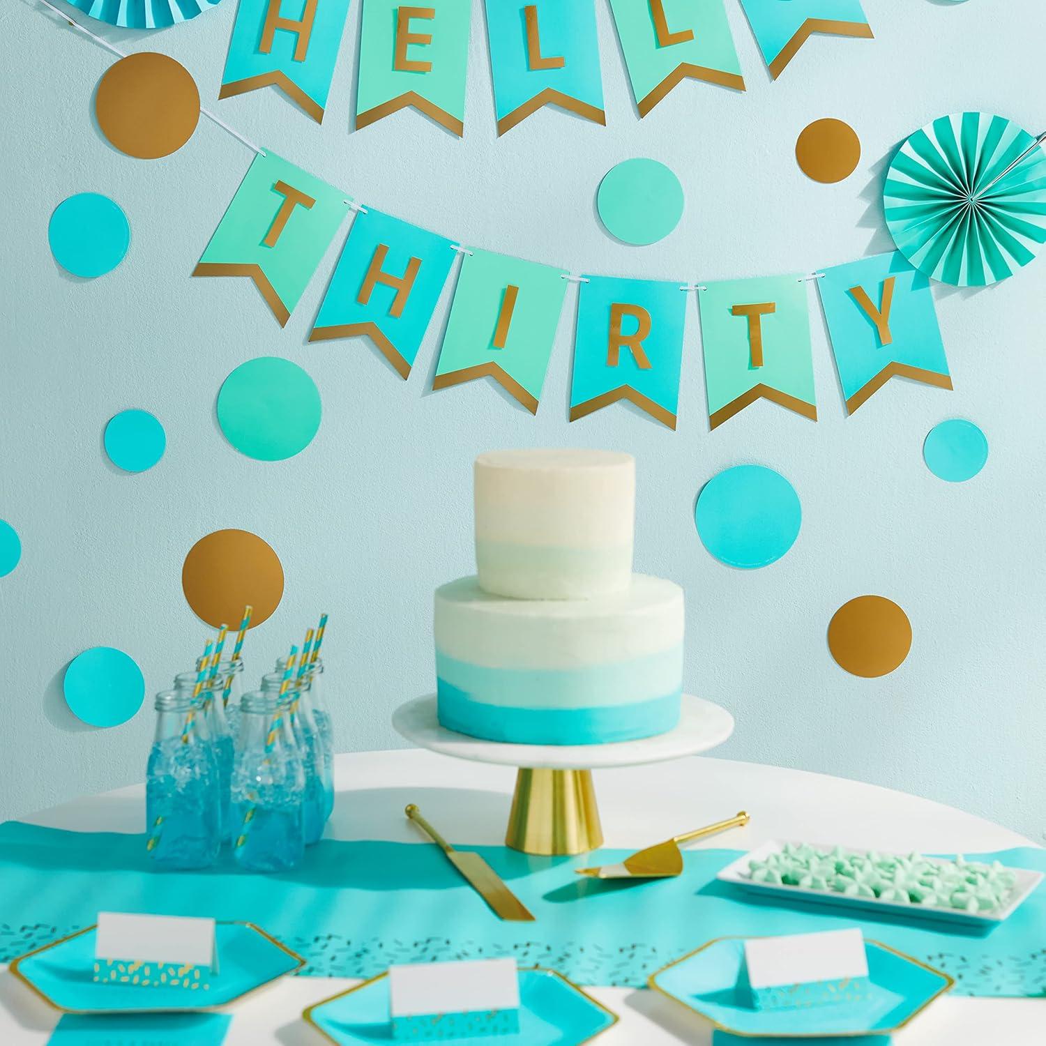 imageCrayola Color Pop Party Decorations Set  Blue Purple Teal Green Customizable Banner Reversible Table Runner Paper Fan Flowers Paper Dots for Birthdays Holidays CelebrationsAquamarine Blue and Gold