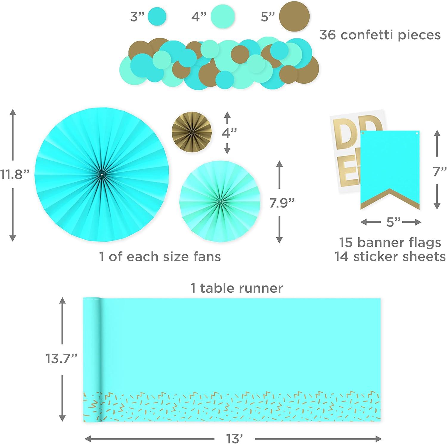 imageCrayola Color Pop Party Decorations Set  Blue Purple Teal Green Customizable Banner Reversible Table Runner Paper Fan Flowers Paper Dots for Birthdays Holidays CelebrationsAquamarine Blue and Gold