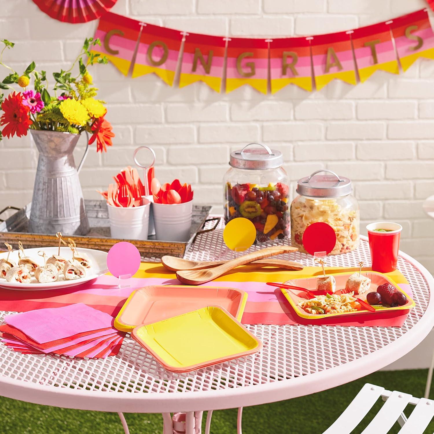 imageCrayola Color Pop Party Decorations Set  Red Orange Pink Yellow Customizable Banner Reversible Table Runner Paper Fan Flowers Paper Dots for Birthdays Holidays CelebrationsScarlet Red  Tickle Me Pink  Melon