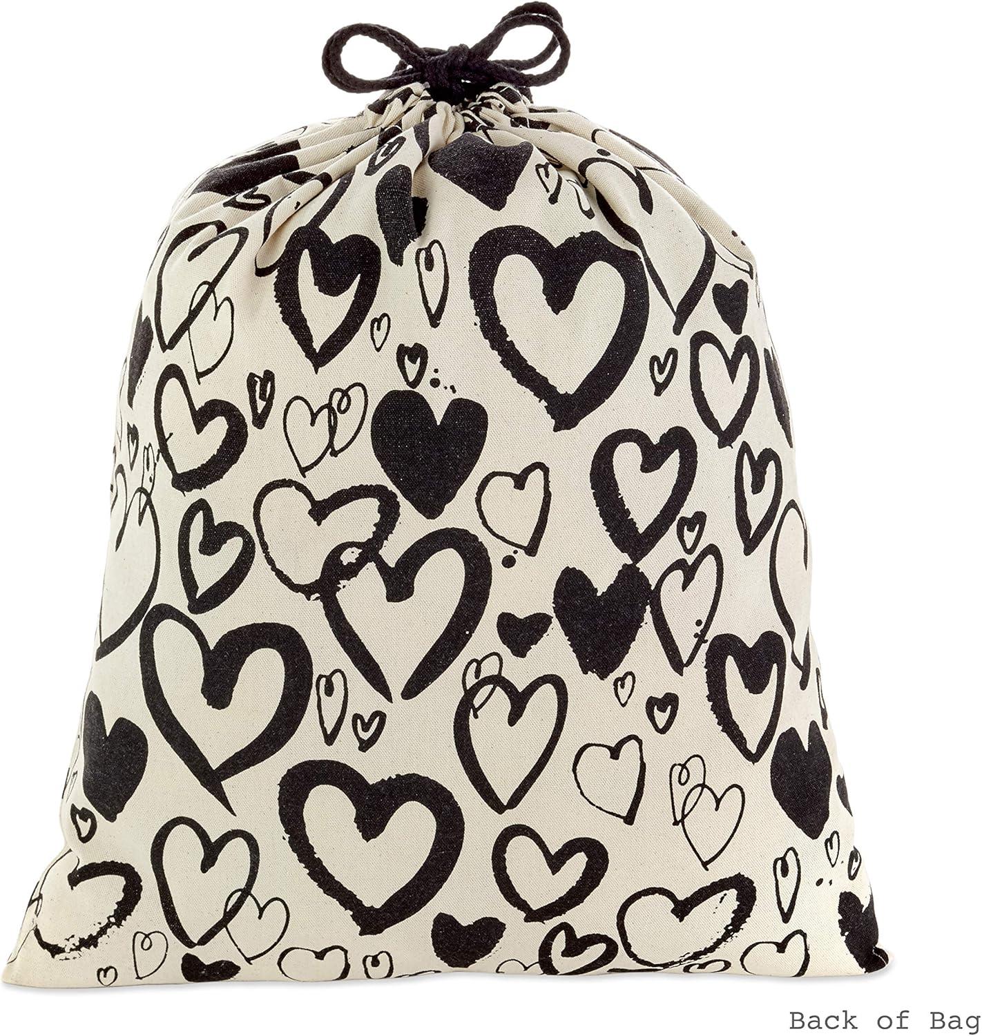 imageHallmark 19quot Large Canvas Bag with Yellow Drawstring Ivory and Blue for Birthdays Baby Showers Fathers DayBlack Hearts