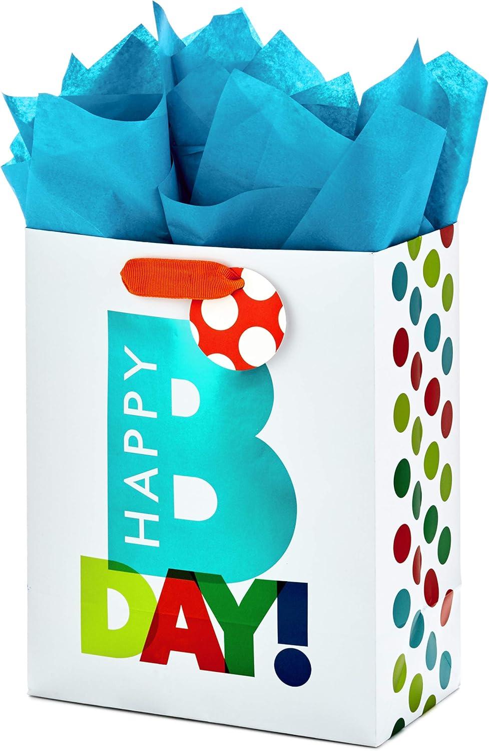 imageHallmark 9quot Medium Birthday Gift Bag with Tissue Paper Blue Happy BirthdayBday Bag with Turquoise Tissue