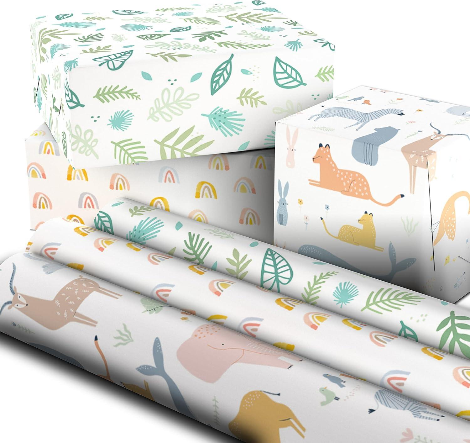 imageHallmark Baby Shower Wrapping Paper Rolls  Pastel Gift Wrap Paper  Gender Neutral Clouds ABCs Bottles Polka Dots Blue Gray Gingham Set of 3 Rolls 75 sq ft ttlAnimals  Greenery  Rainbows